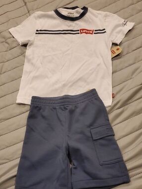 Levi's White Tee with Navy Trim & Cargo Shorts